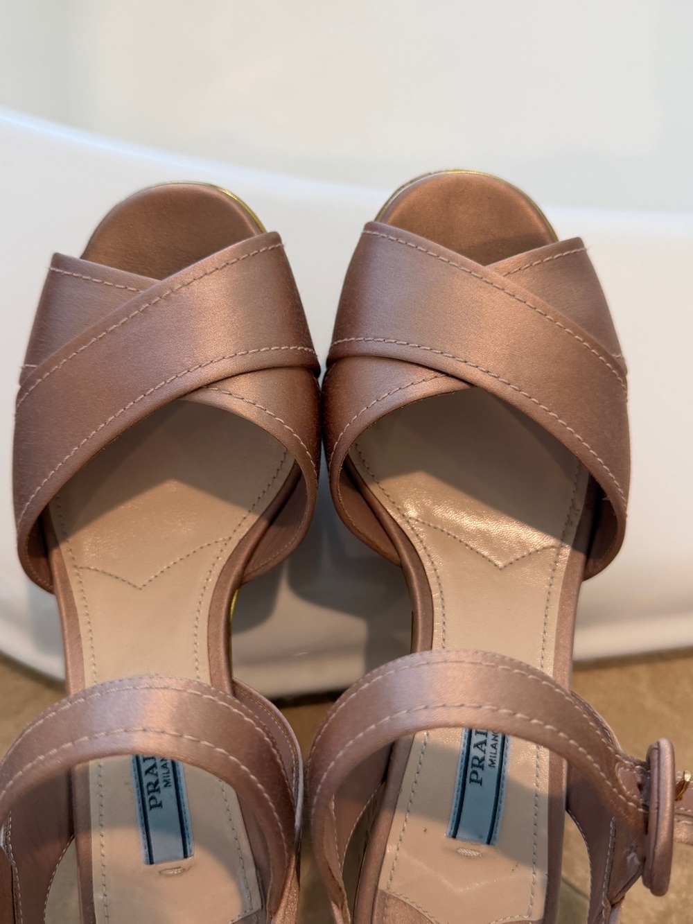 Prada Rose Blush Leather Crisscross Heels